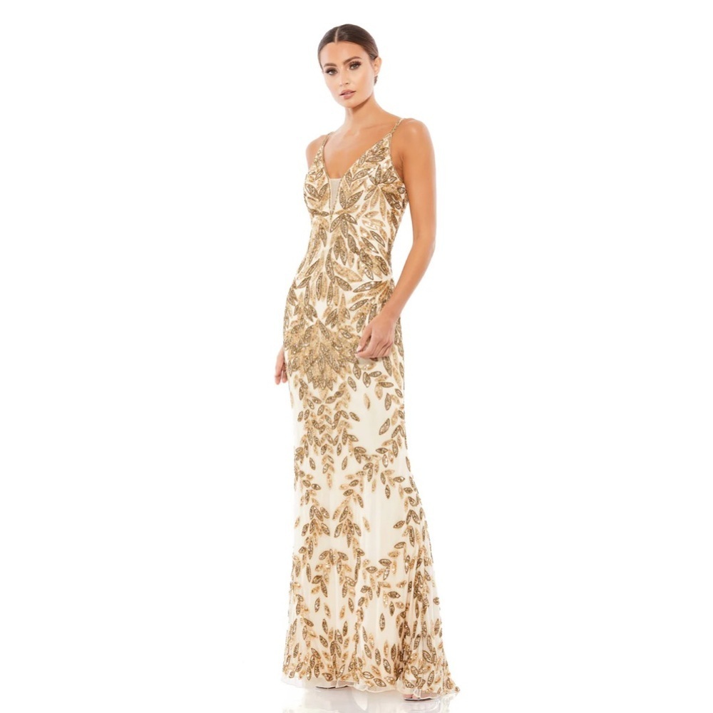 Mac Duggal Ivory and Gold Beaded Gown
